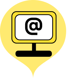 Icono globo amarillo con una pantalla de ordenador en la que se ve una arroba