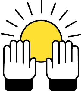 Ilustración de unas manos hacia arriba delante del sol amarillo