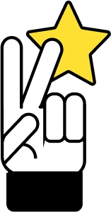 Ilustración de una mano haciendo el gesto de la victoria con los dedos y una estrella amarilla