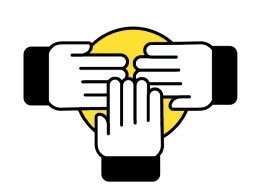 Ilustración de tres manos juntas sobre una mesa amarilla