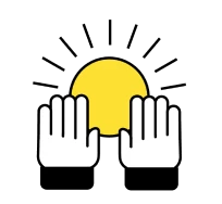 Ilustración de dos manos levantadas hacia arriba y un sol amarillo detrás
